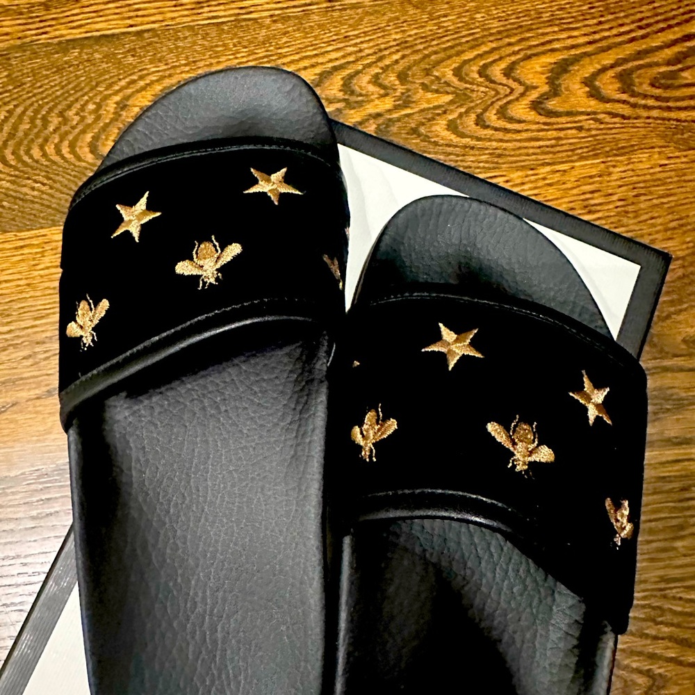 Gucci Bee Accent Velvet Slides